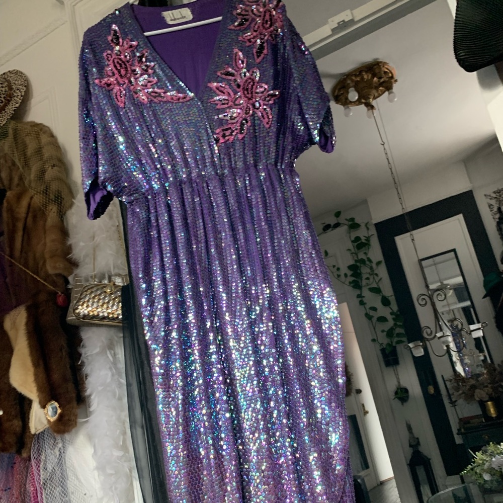 Vintage Silk & Sequins Purple Dress Hand Made - Picture 7 of 14